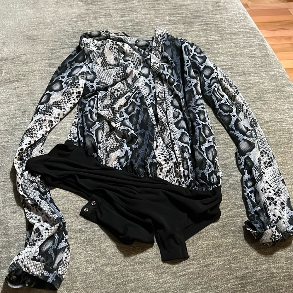 Sheer snakeskin print wrap bodysuit